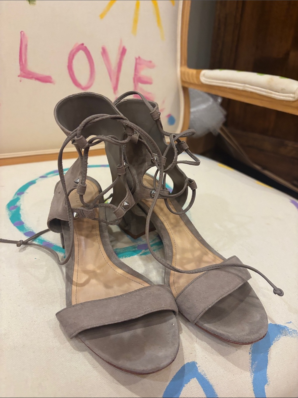 SCHUTZ Taupe Lace-Up Block Heel Sandals